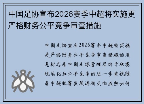 中国足协宣布2026赛季中超将实施更严格财务公平竞争审查措施 中国足协宣布2026赛季中超将实施更严格财务公平竞争审查措施